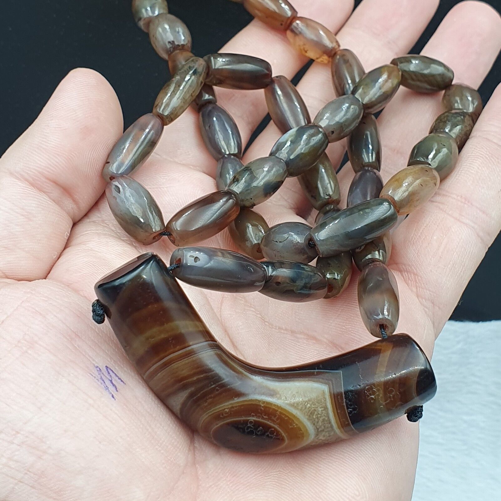 Antique Old Himalayan Tibetan Natural Eyes Suleimani agate Beads Necklace