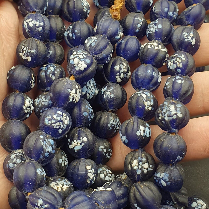 Vintage Old African Style Blue Floral Art Fancy Glass Beads Strand