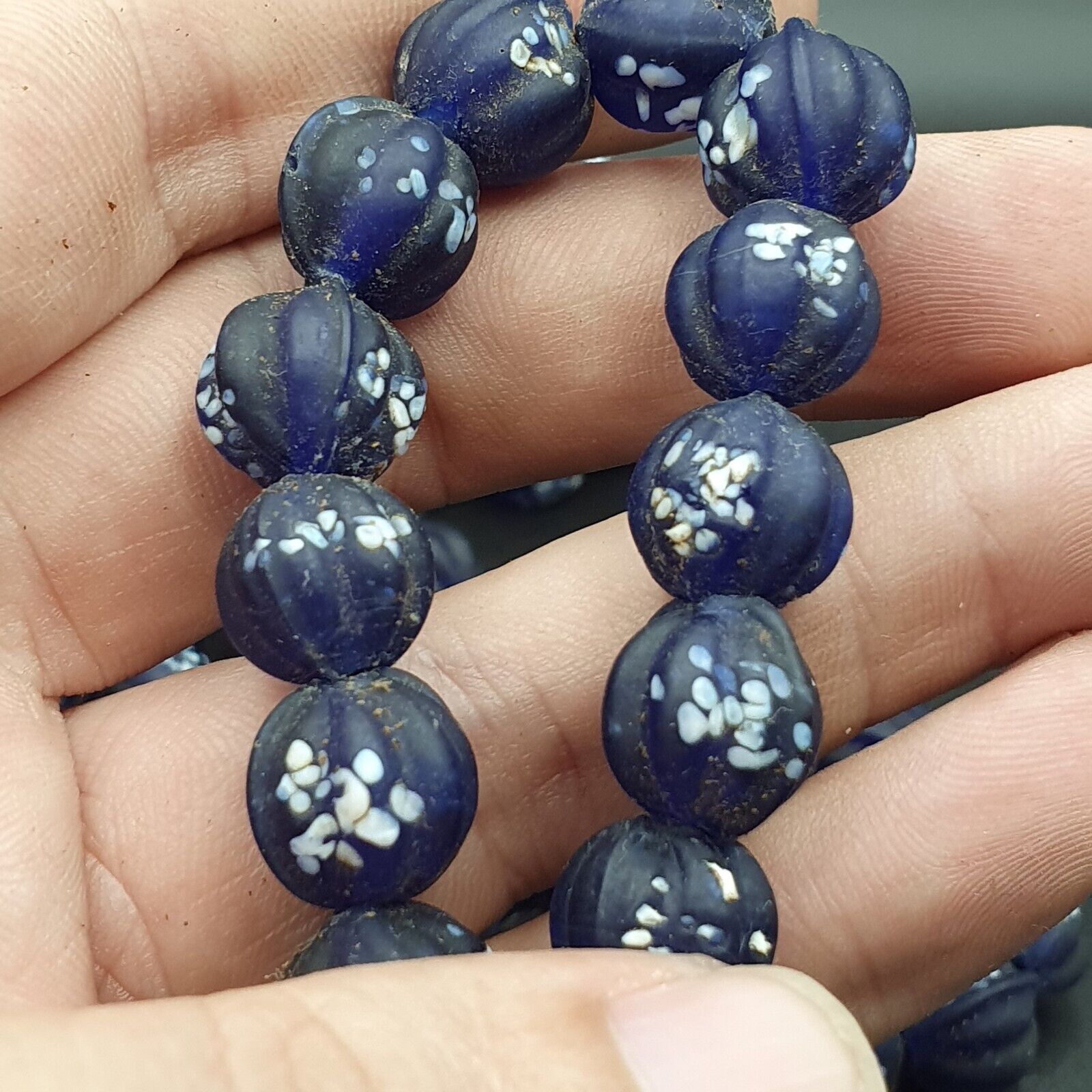 VINTAGE old African Style Blue Floral ART Fancy GLASS BEADS Strand