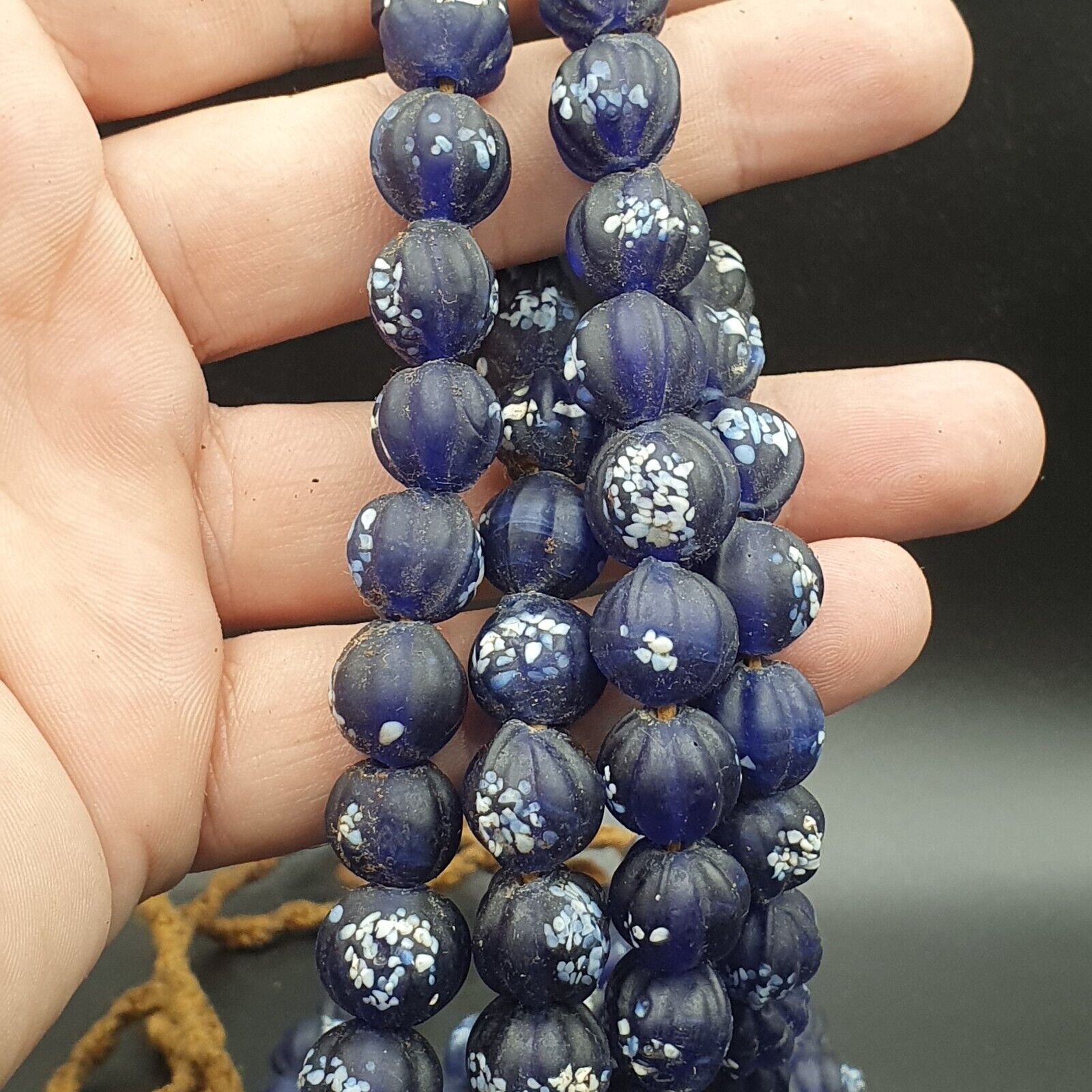 VINTAGE old African Style Blue Floral ART Fancy GLASS BEADS Strand