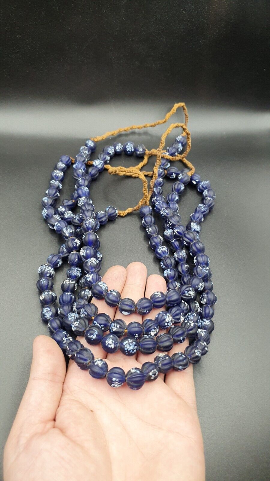 VINTAGE old African Style Blue Floral ART Fancy GLASS BEADS Strand