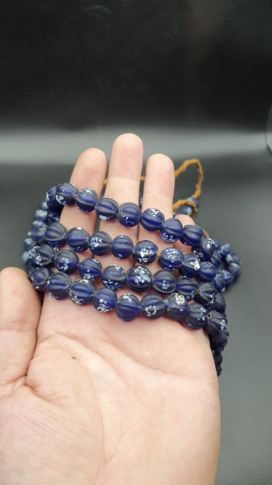 VINTAGE old African Style Blue Floral ART Fancy GLASS BEADS Strand