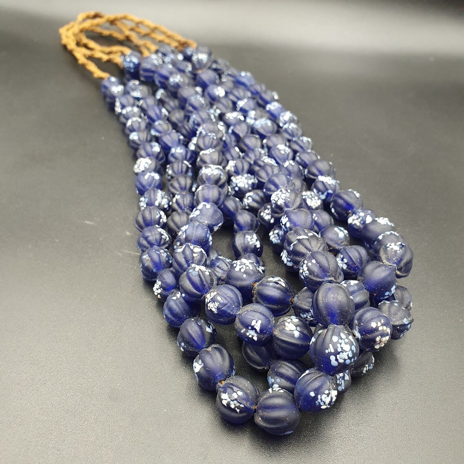 VINTAGE old African Style Blue Floral ART Fancy GLASS BEADS Strand