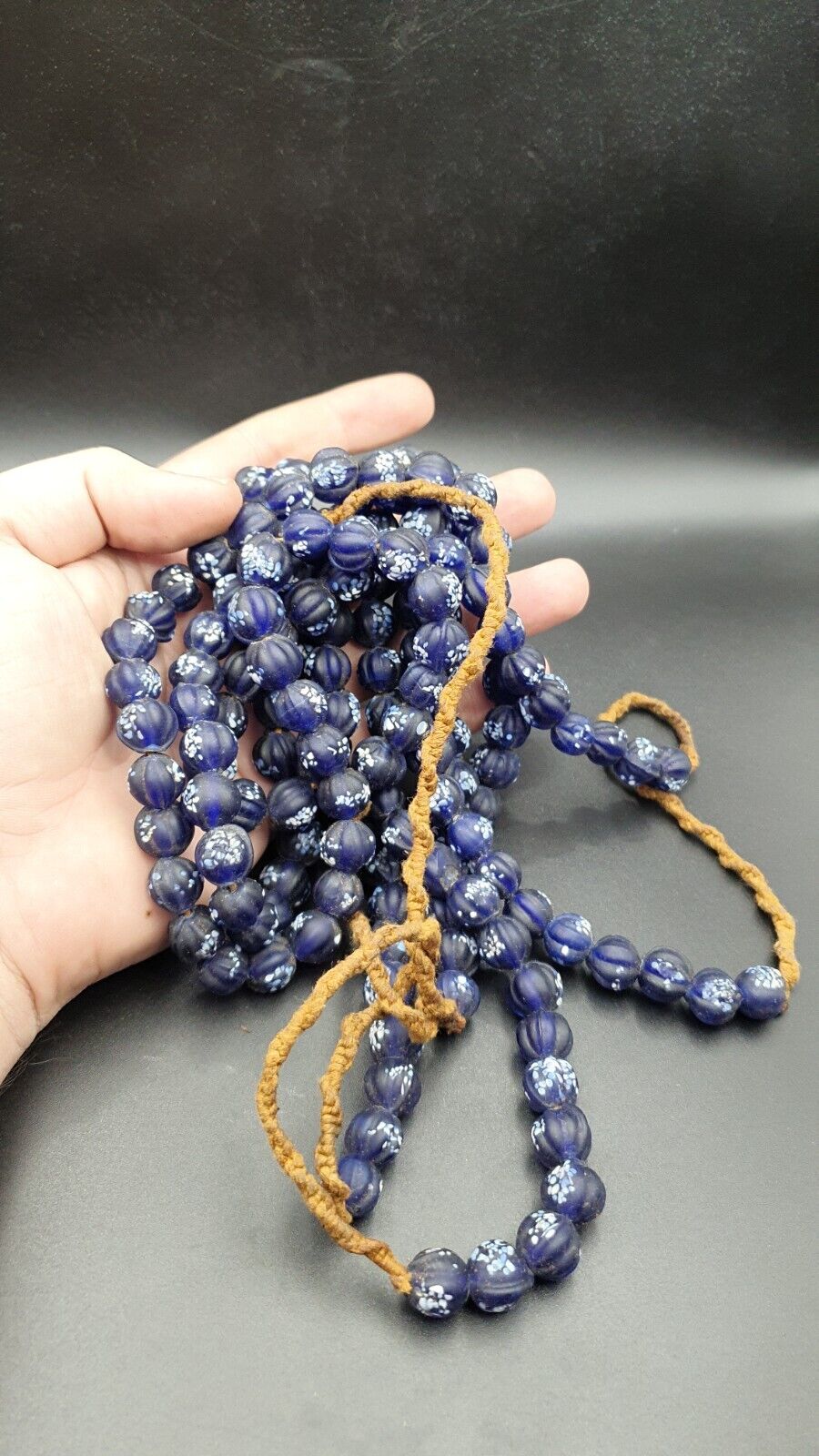 VINTAGE old African Style Blue Floral ART Fancy GLASS BEADS Strand