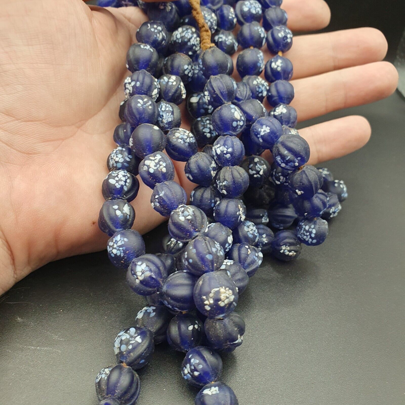 VINTAGE old African Style Blue Floral ART Fancy GLASS BEADS Strand