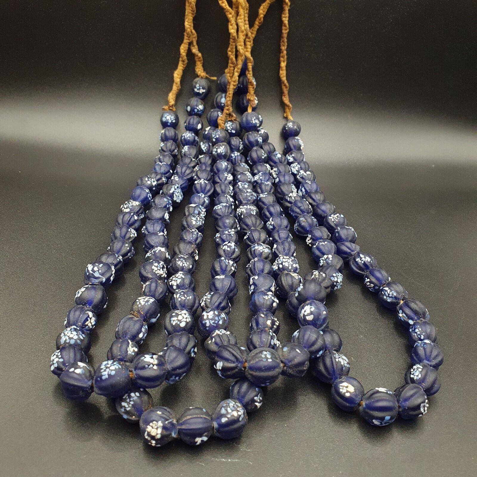 VINTAGE old African Style Blue Floral ART Fancy GLASS BEADS Strand