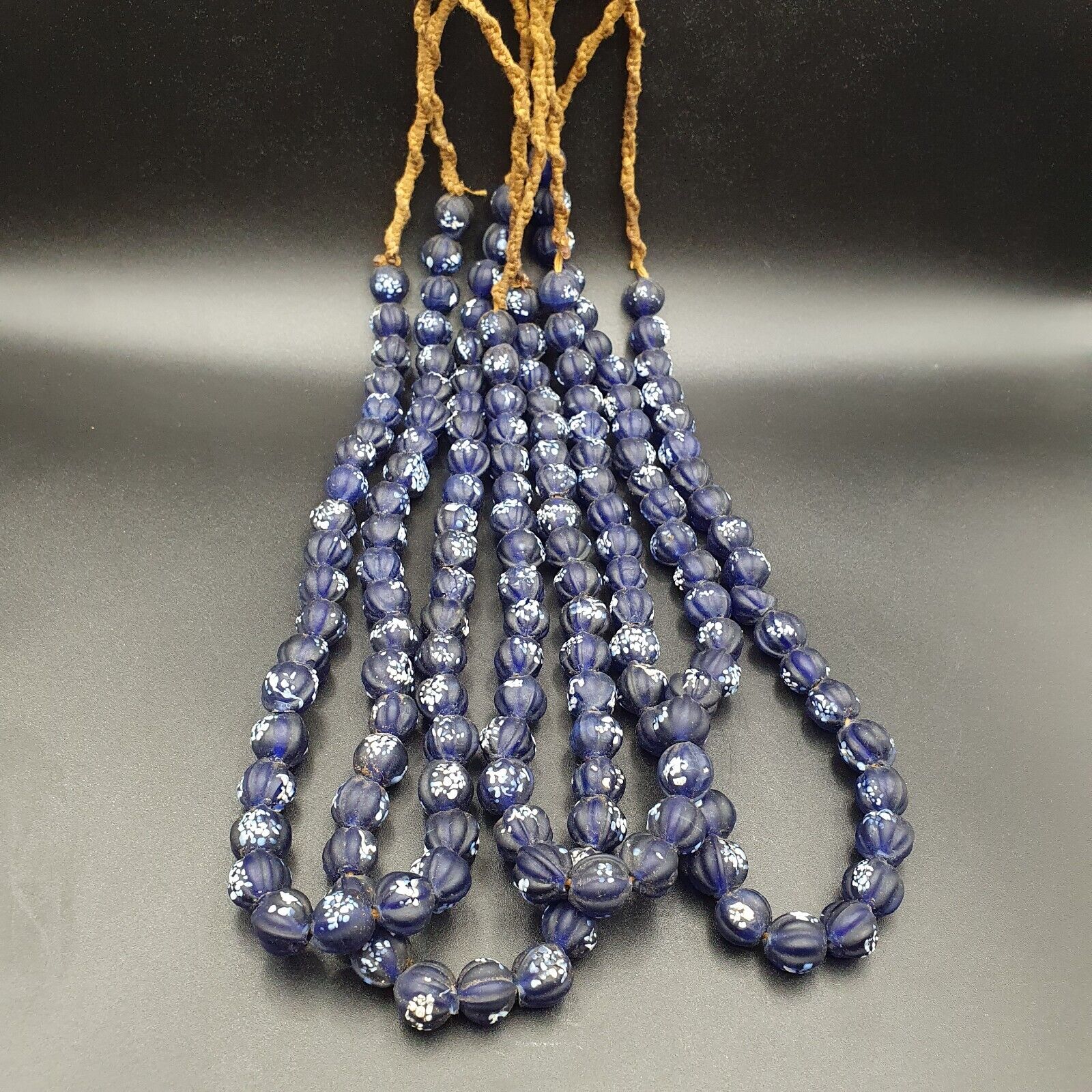 VINTAGE old African Style Blue Floral ART Fancy GLASS BEADS Strand