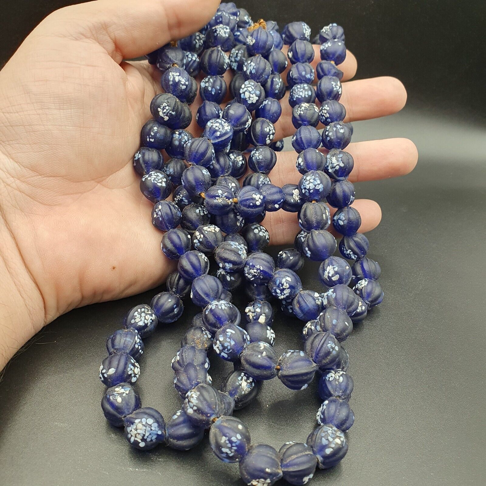 VINTAGE old African Style Blue Floral ART Fancy GLASS BEADS Strand
