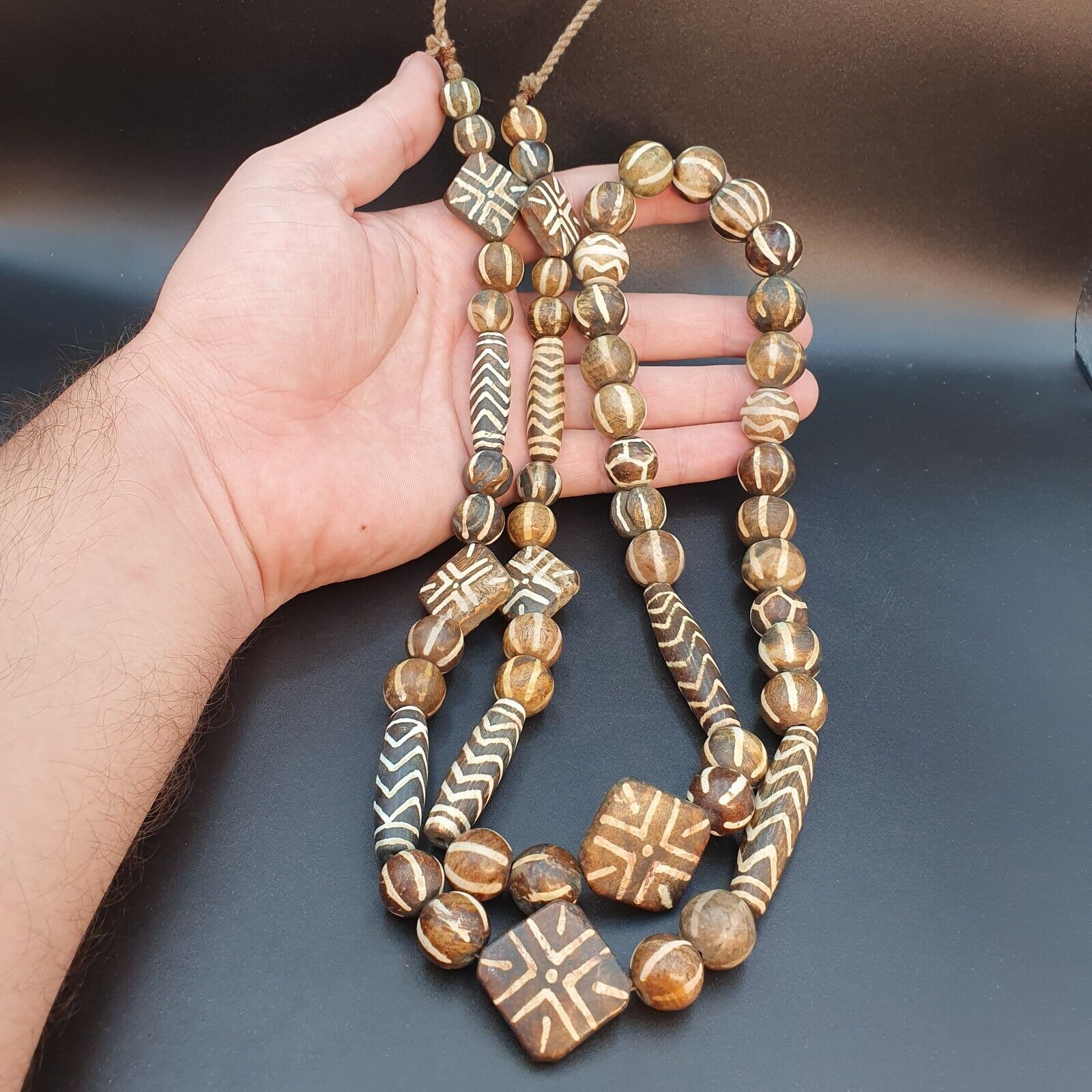 South Asian Burmese Pumtek petrified Wood Beads Late 20th C beads Long Strand