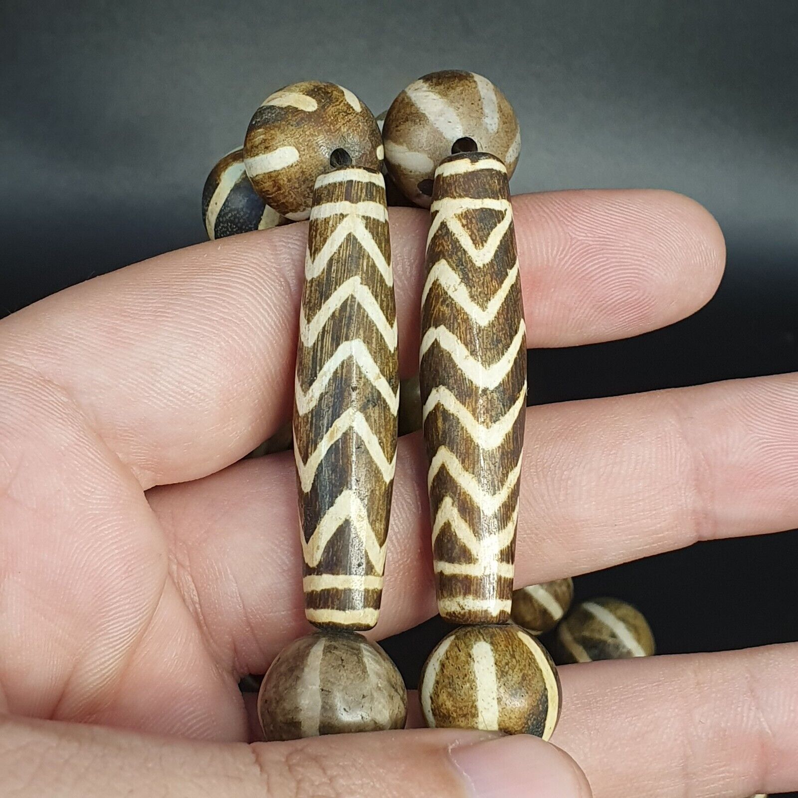 South Asian Burmese Pumtek petrified Wood Beads Late 20th C beads Long Strand