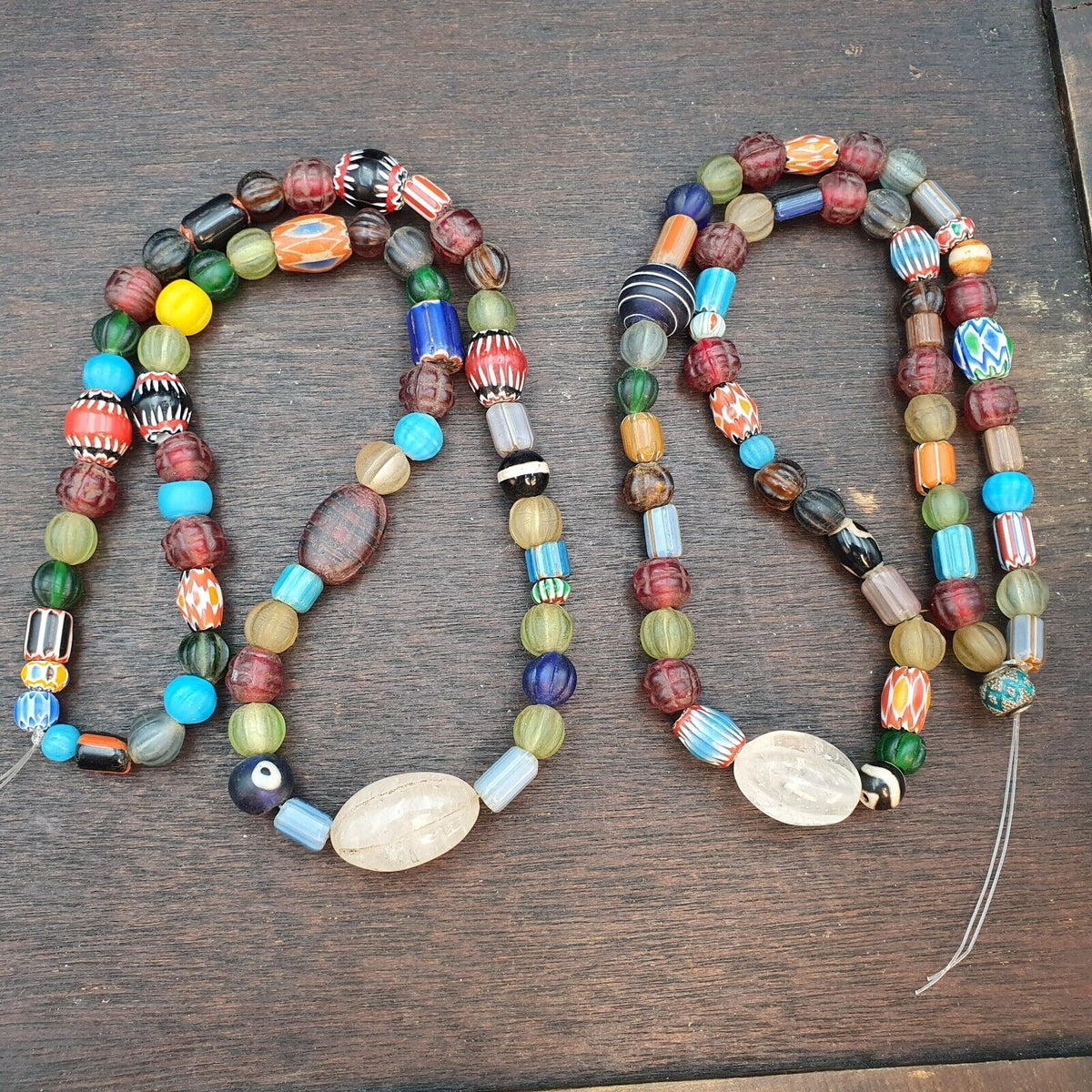 Lot 2 Strands Beautiful Old African Chevron Glass Antique Beads with Crystal