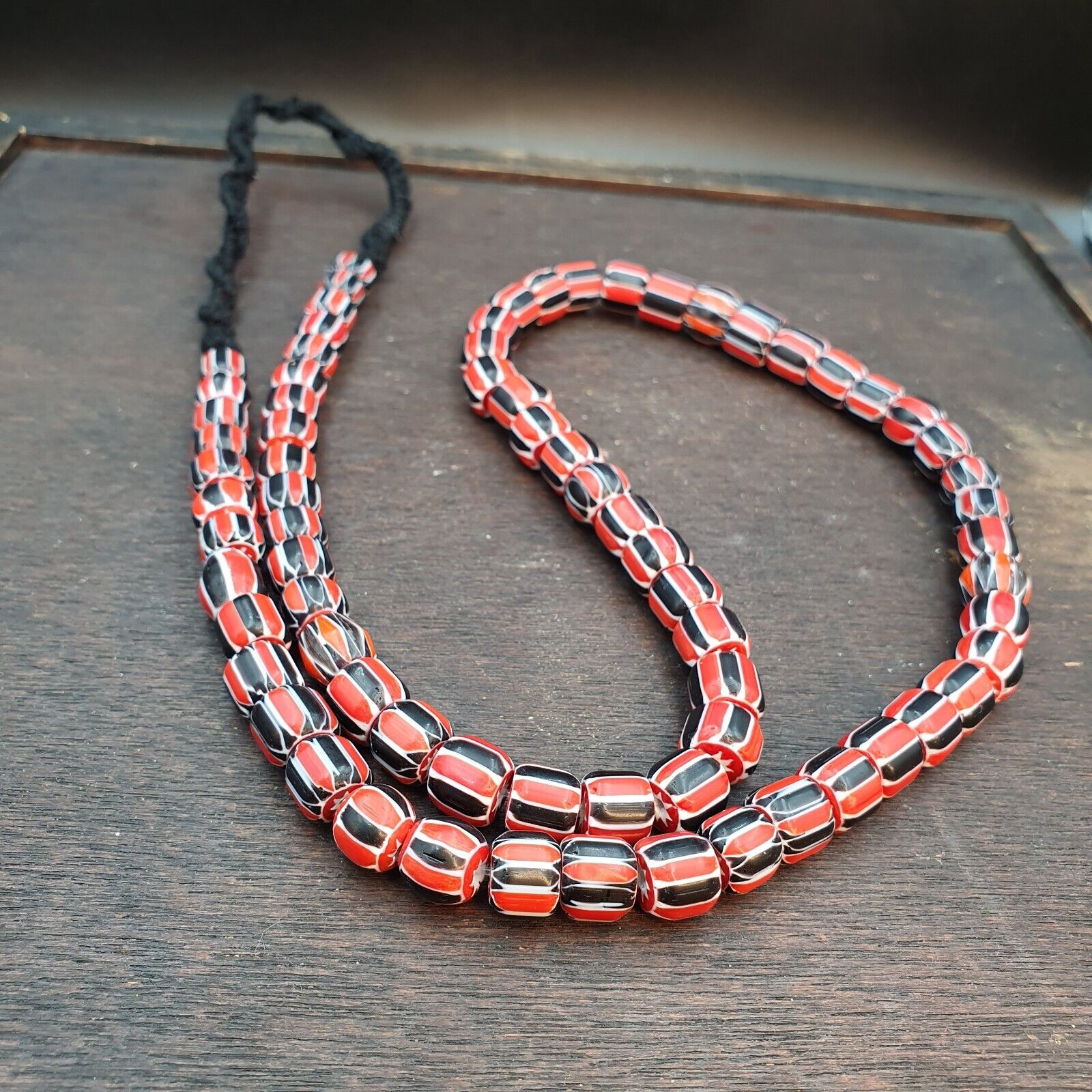 Vintage Red Chevron Beads Venetian Style Glass Beads 11mm-9mm Long Strand