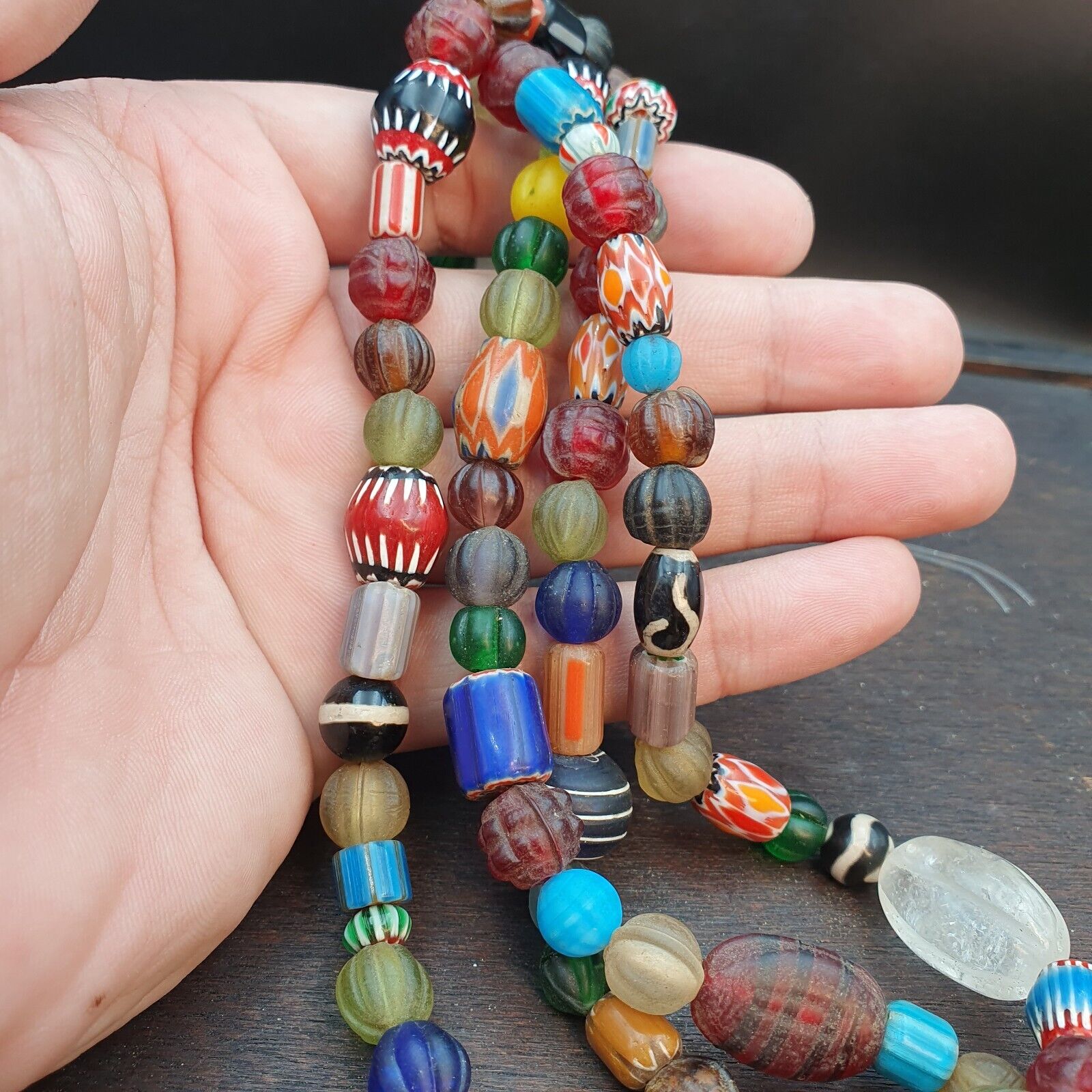 Lot 2 Strands BEAUTIFUL OLD AFRICAN Chevron GLASS ANTIQUE BEADS With crystal