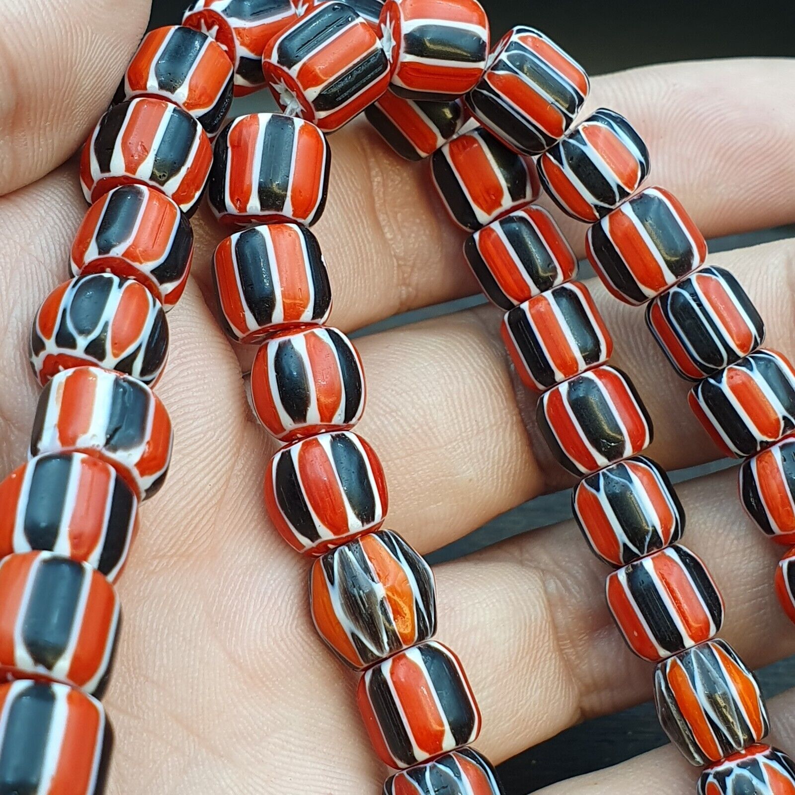 Vintage Red Chevron Beads Venetian Style Glass Beads 11mm-9mm Long Strand