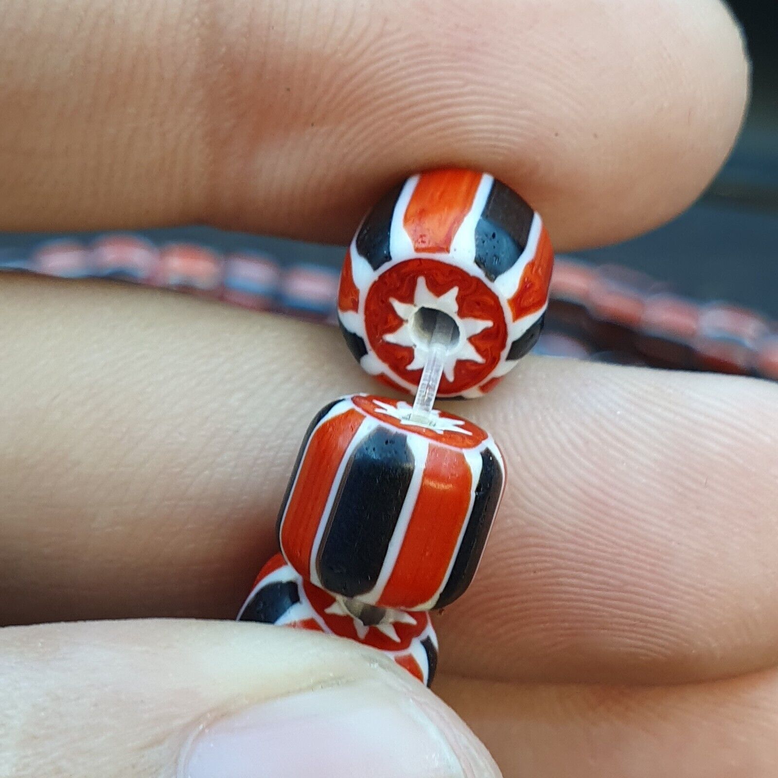 Vintage Red Chevron Beads Venetian Style Glass Beads 11mm-9mm Long Strand