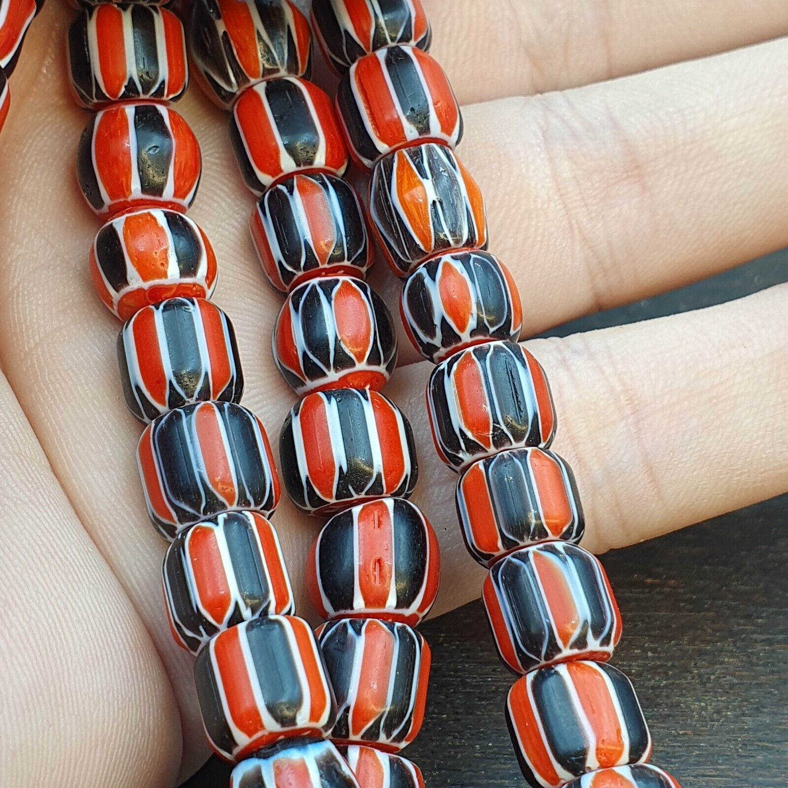 Vintage Red Chevron Beads Venetian Style Glass Beads 11mm-9mm Long Strand