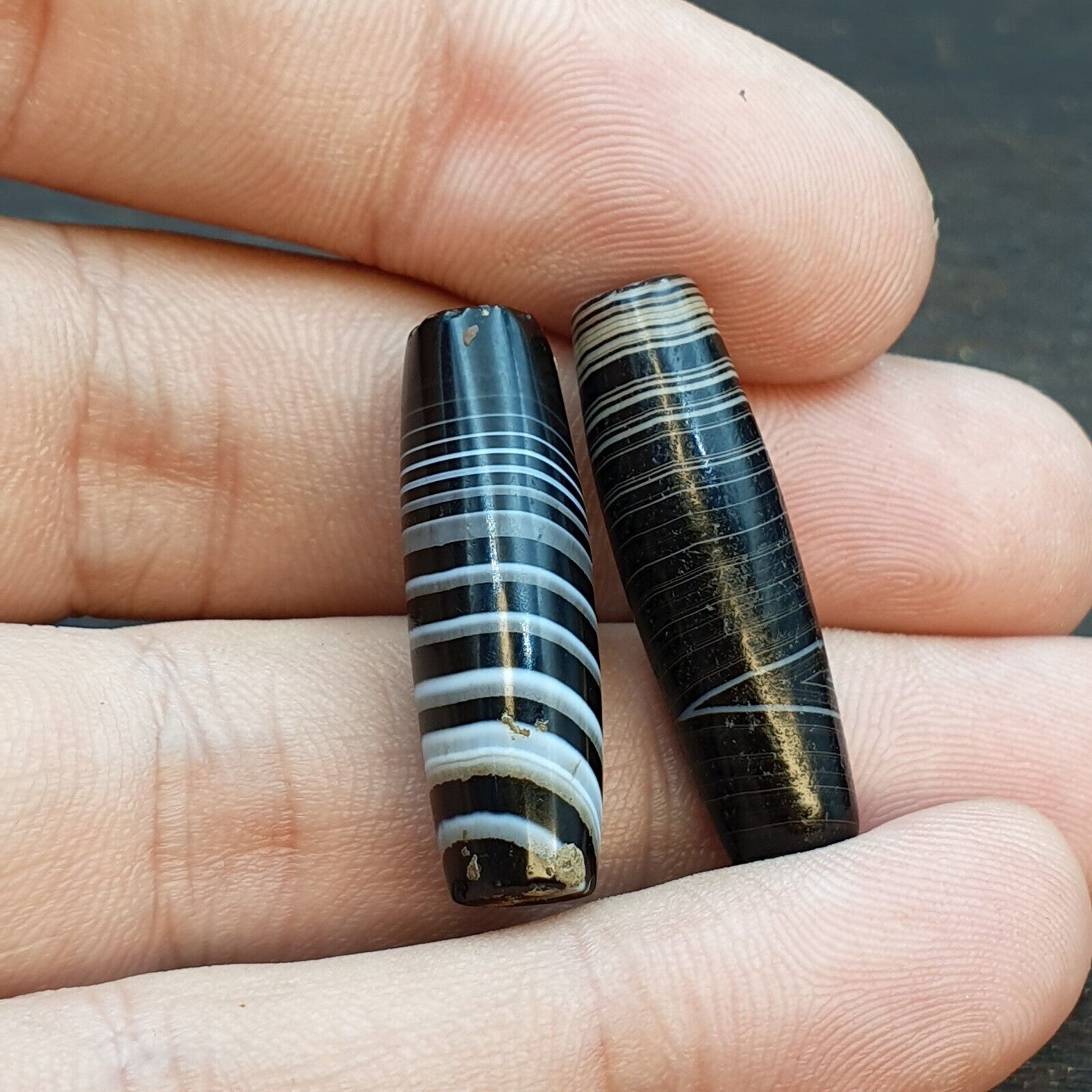 Lot 2 Himalayan Indo Tibetan Agate bead Suleimany Lines Pattern Agate BD#21