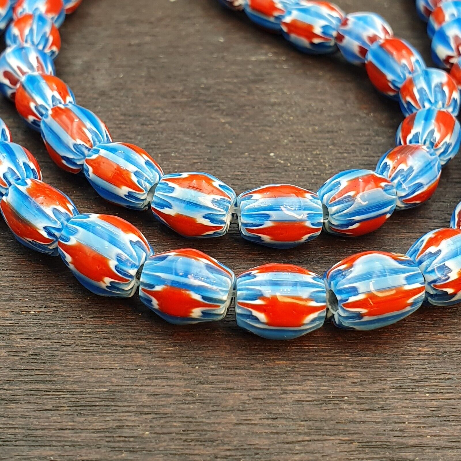 Vintage BLUE Chevron Beads Venetian Style Glass Beads 10mmx12mm Long Strand