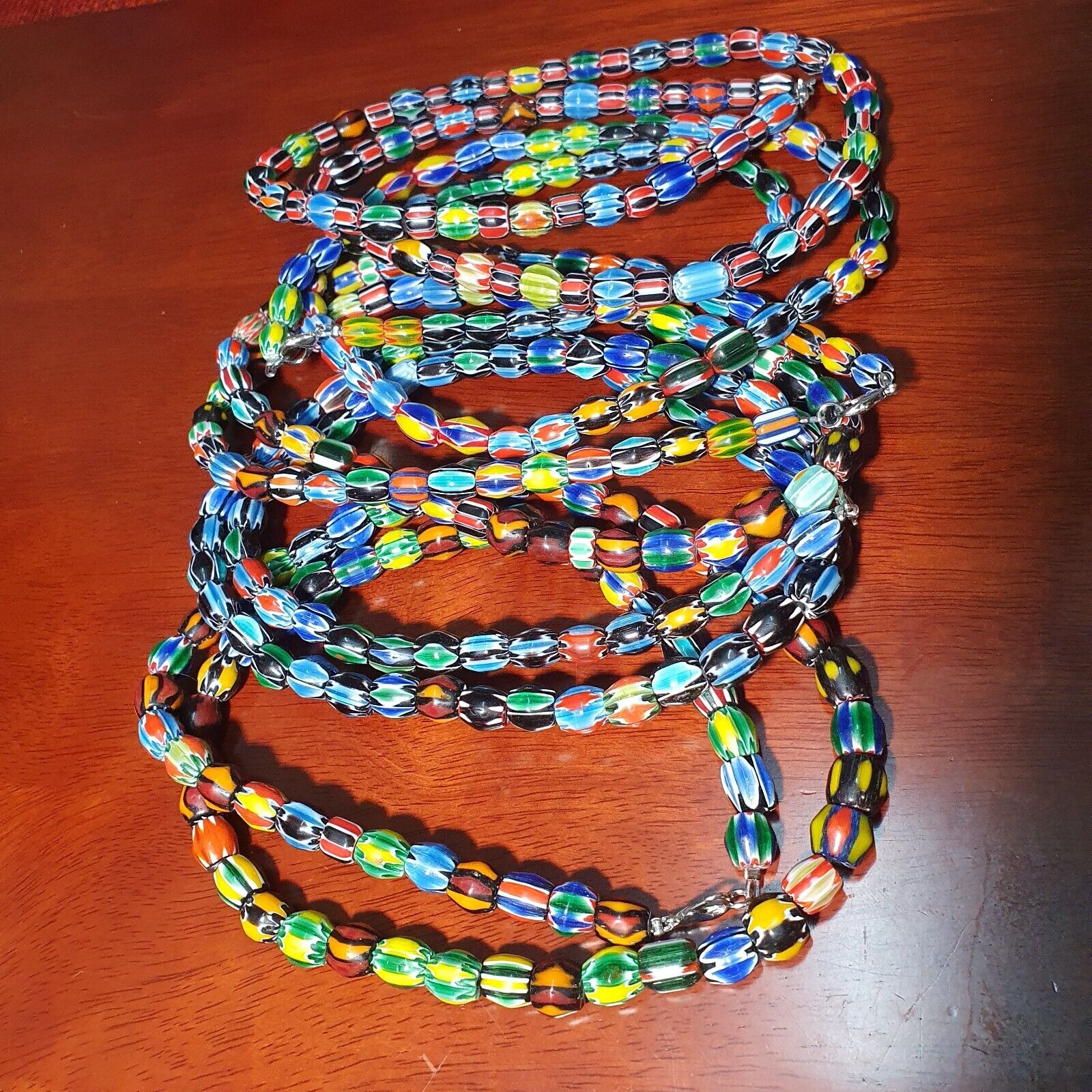 LOT 5 Strands Venetian Inspired Glass Multicolor Chevron Beads Necklaces