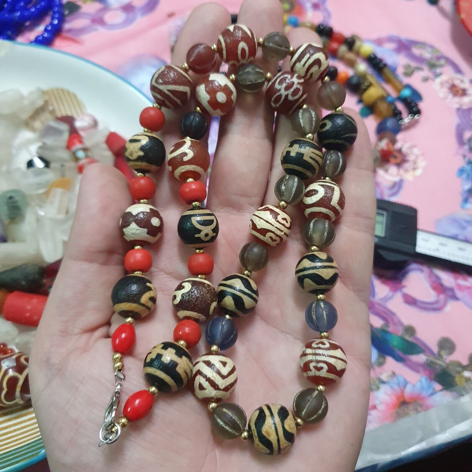 HIMALAYAN Indo Tibetan Central Asian Etched Agate African Glass beads 13-14mm