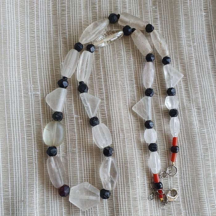 Vintage Crystal Old Beads Himalayan Crystal and Old Black Glass Beads Necklace
