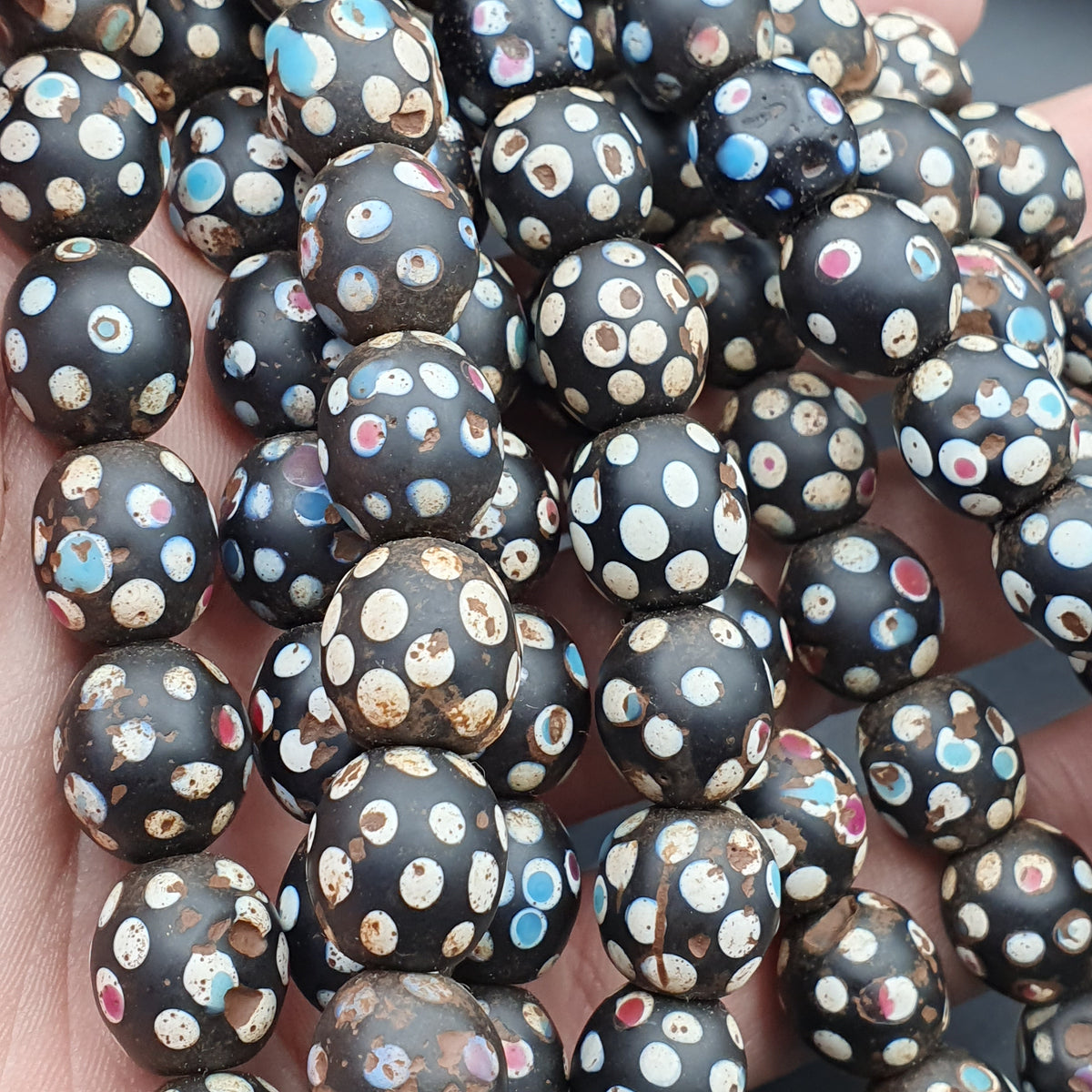 Black Skunk Venetian Trade Beads Dotted Beads East Oasis Collection Long Strand