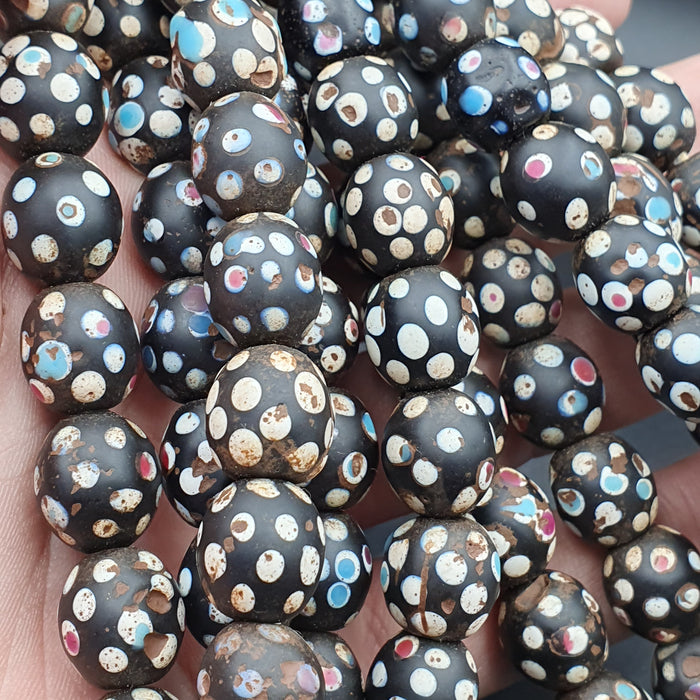 Black Skunk Venetian Trade Beads Dotted Beads East Oasis Collection Long Strand