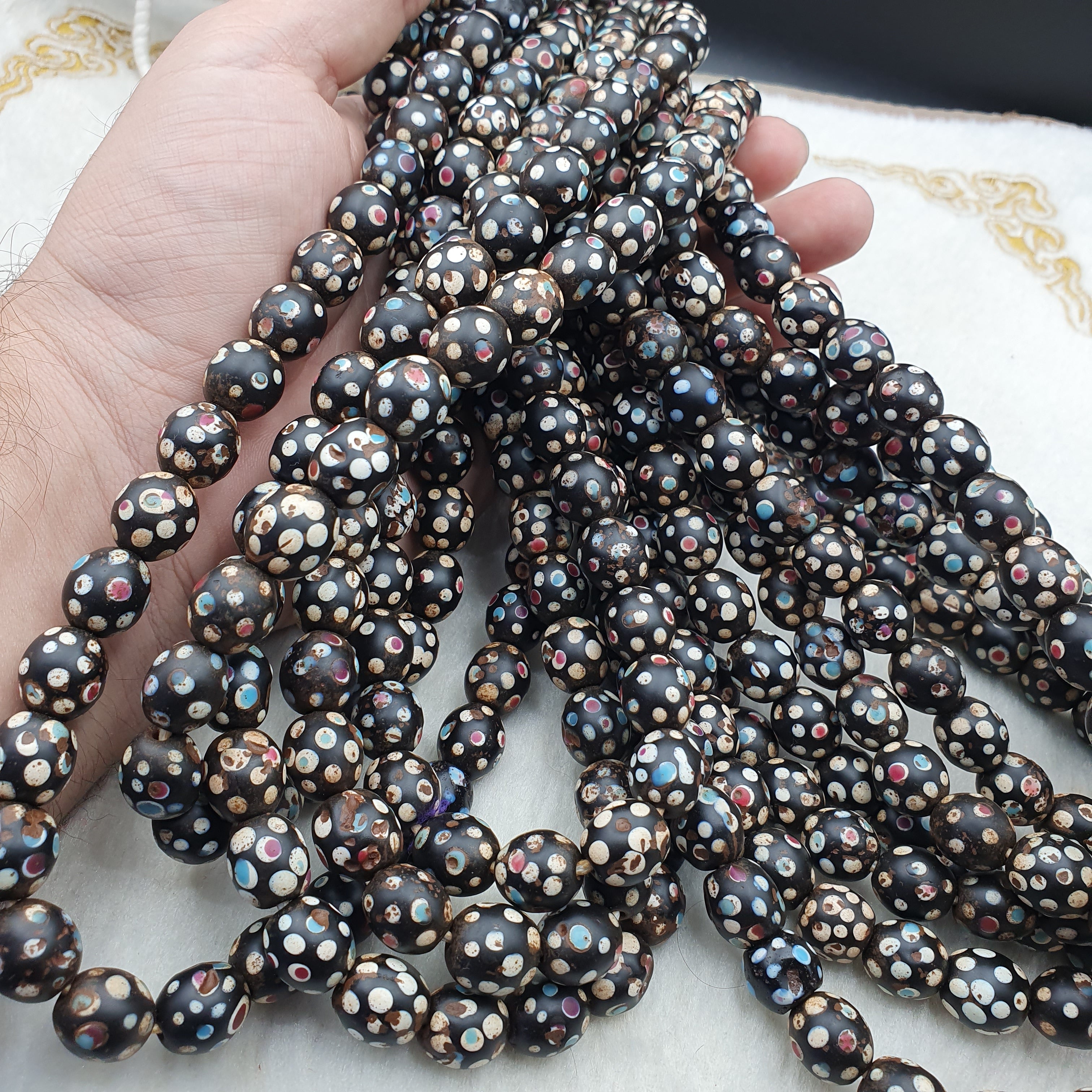 Black Skunk Venetian Trade Beads Dotted  Beads EAST OASIS Collection long strand