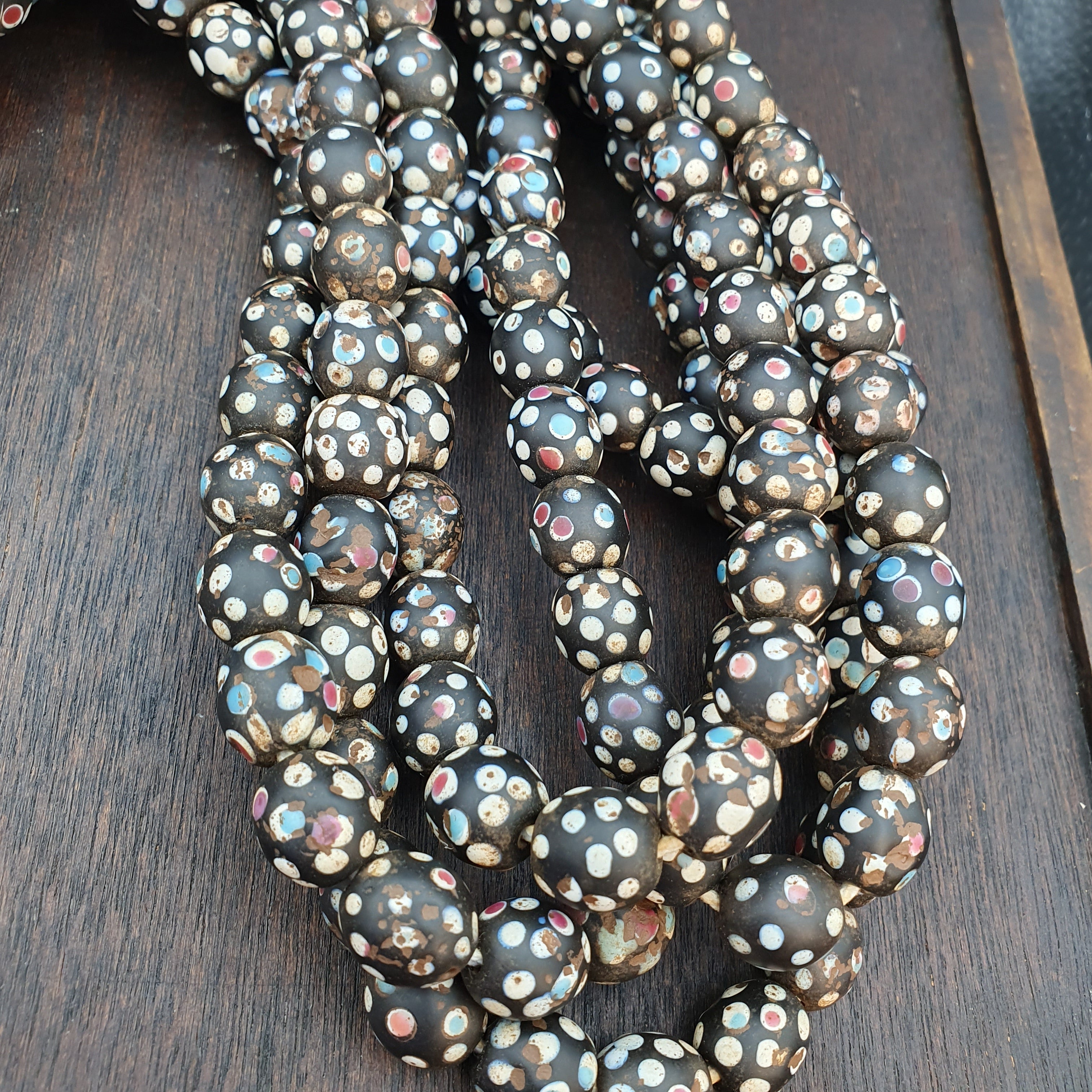Black Skunk Venetian Trade Beads Dotted  Beads EAST OASIS Collection long strand