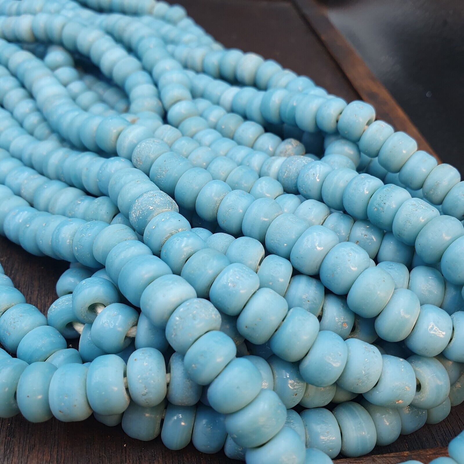 BEAUTIFUL OLD AFRICAN  Sky Blue GLASS Vintage 9mm BEADS Long Strands Strand
