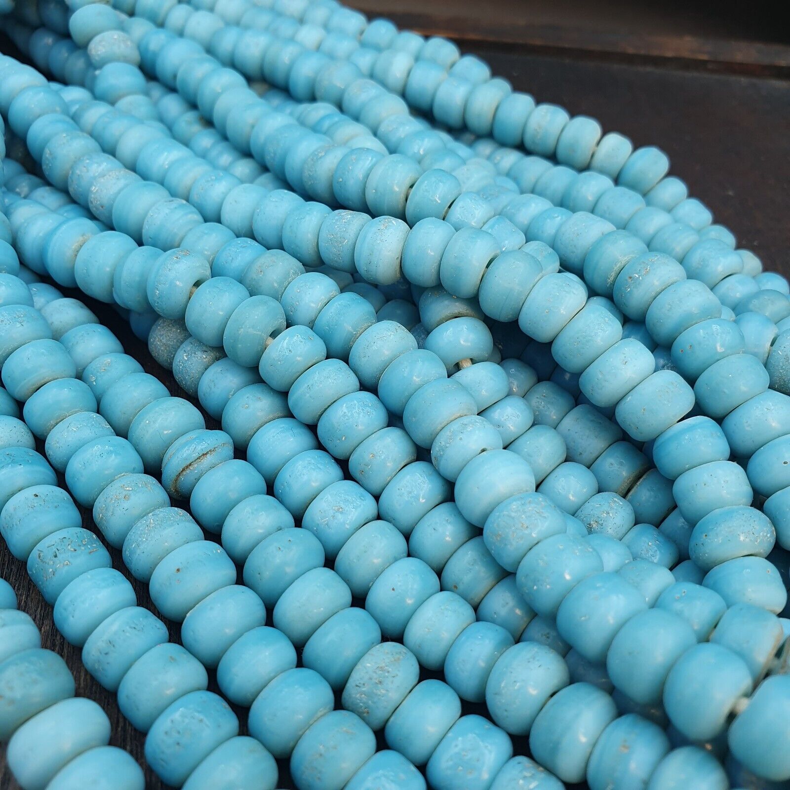 BEAUTIFUL OLD AFRICAN  Sky Blue GLASS Vintage 9mm BEADS Long Strands Strand