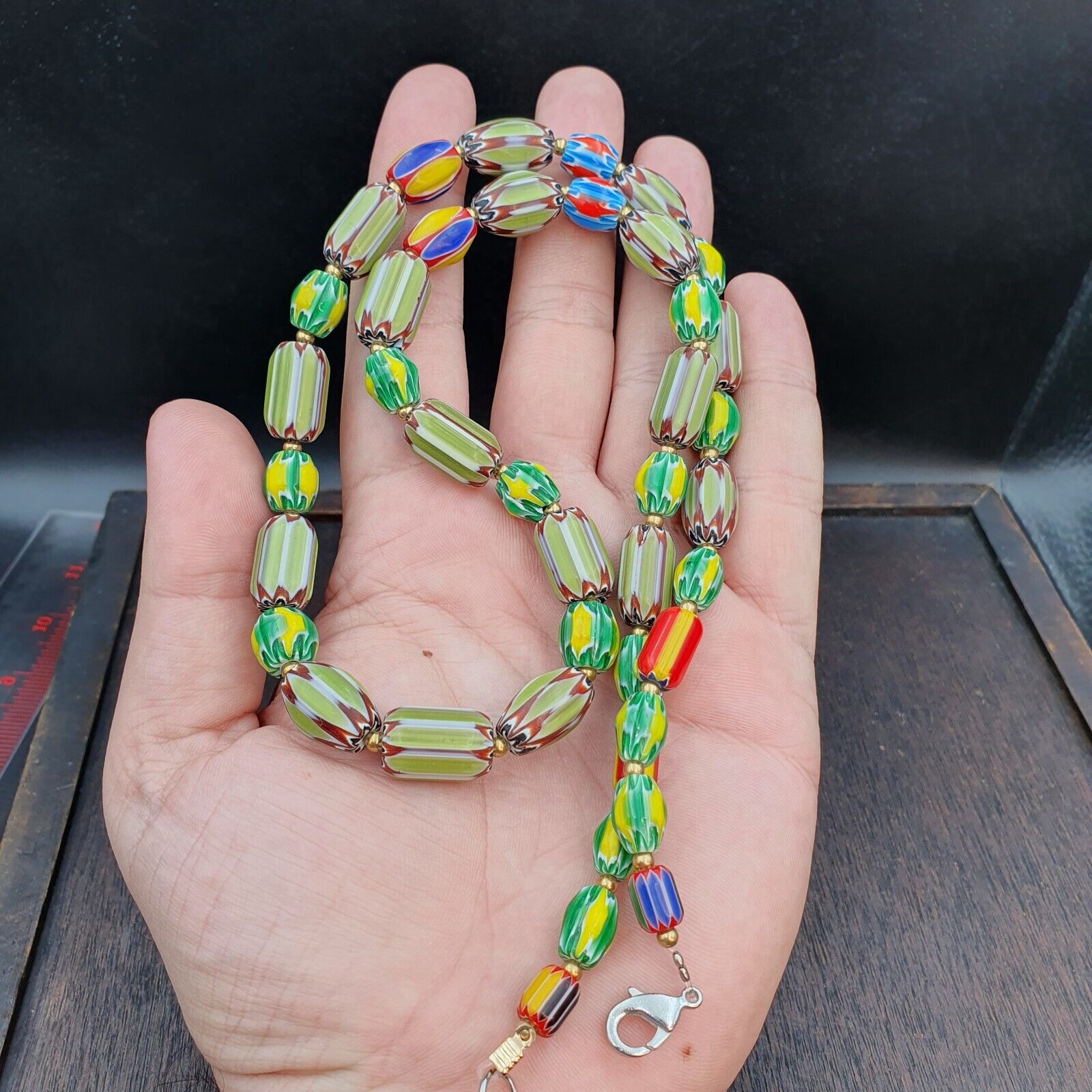 Vintage OLD Glass Chevron and Fancy GLASS BEADS Beaded NECKLACE