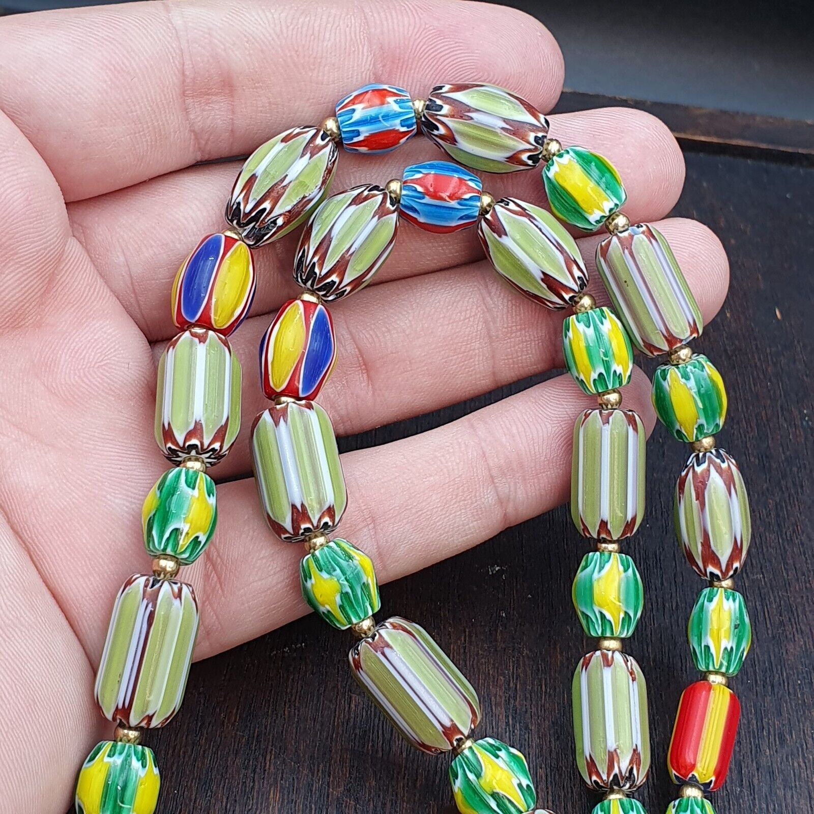 Vintage OLD Glass Chevron and Fancy GLASS BEADS Beaded NECKLACE