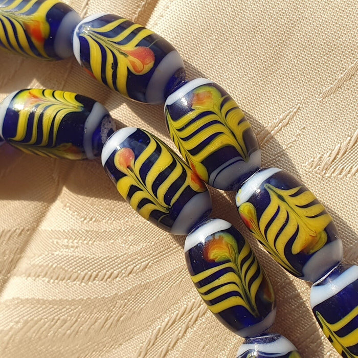 Vintage Blue Fancy Feather Pattern Glass Beads Long Necklace