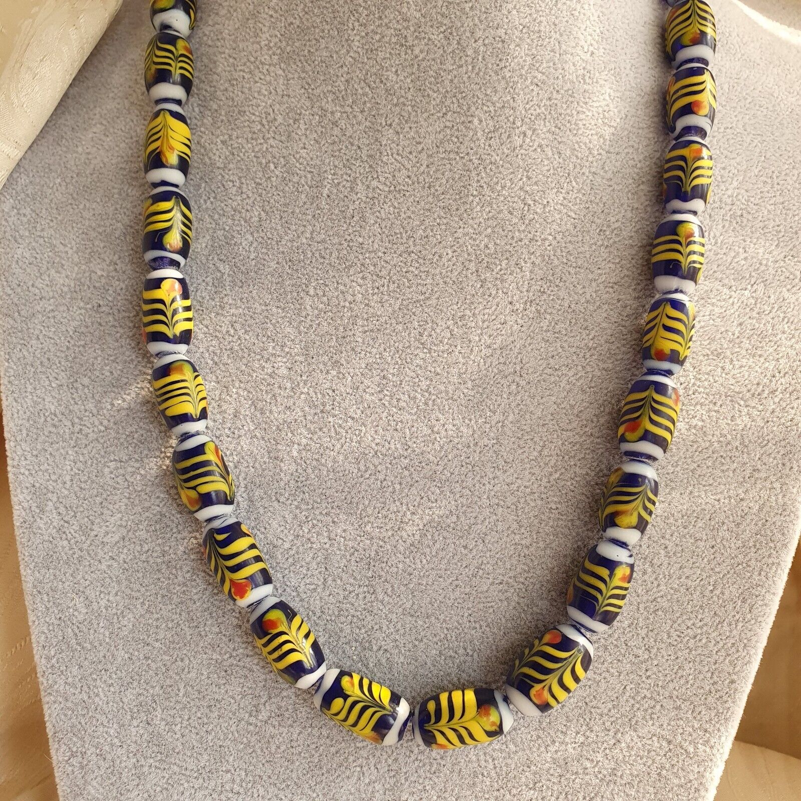 vintage Blue Fancy Feather Pattern glass beads Long Necklace