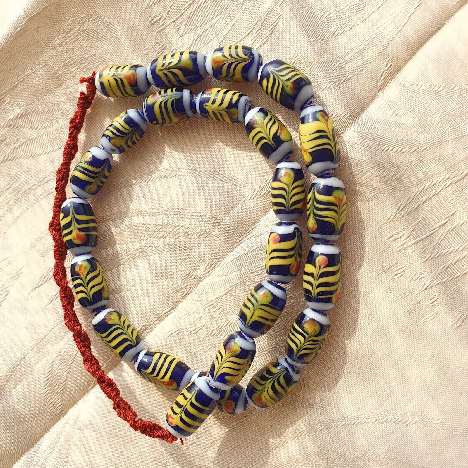 vintage Blue Fancy Feather Pattern glass beads Long Necklace