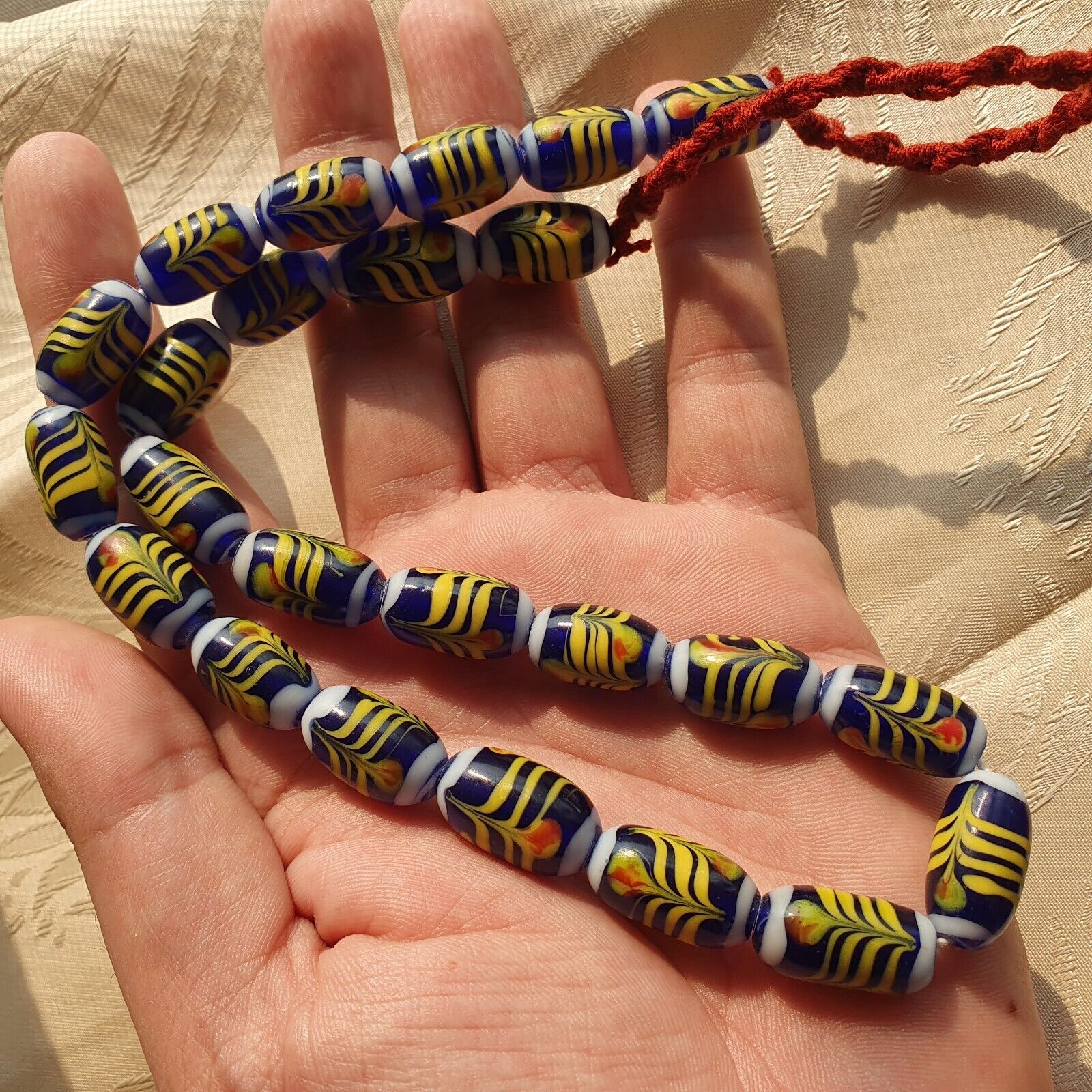 vintage Blue Fancy Feather Pattern glass beads Long Necklace