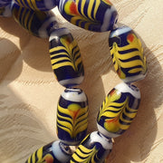 East Oasis Vintage Blue Feather Pattern Glass Bead Long Necklace, 20x10mm Beads