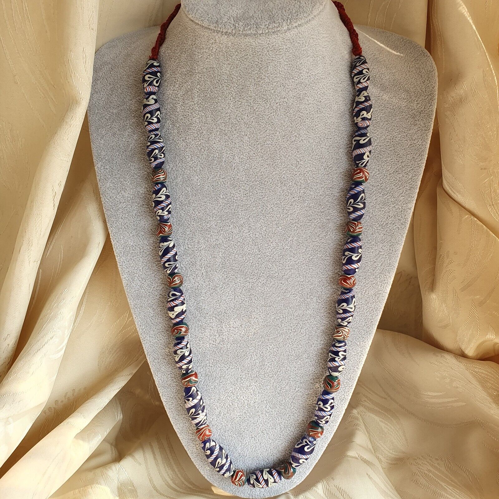 vintage Blue Fancy Feather glass beads Long Necklace
