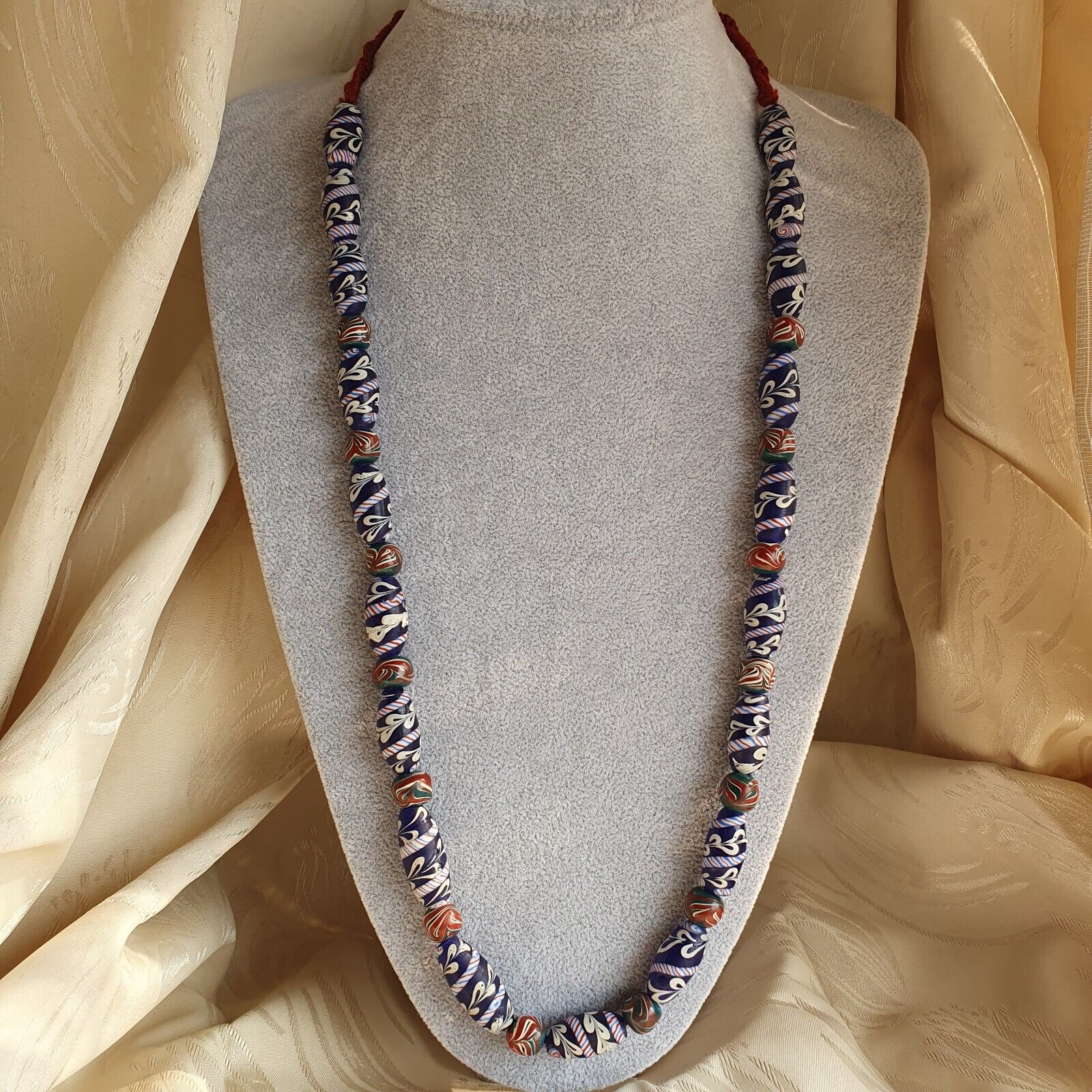 vintage Blue Fancy Feather glass beads Long Necklace