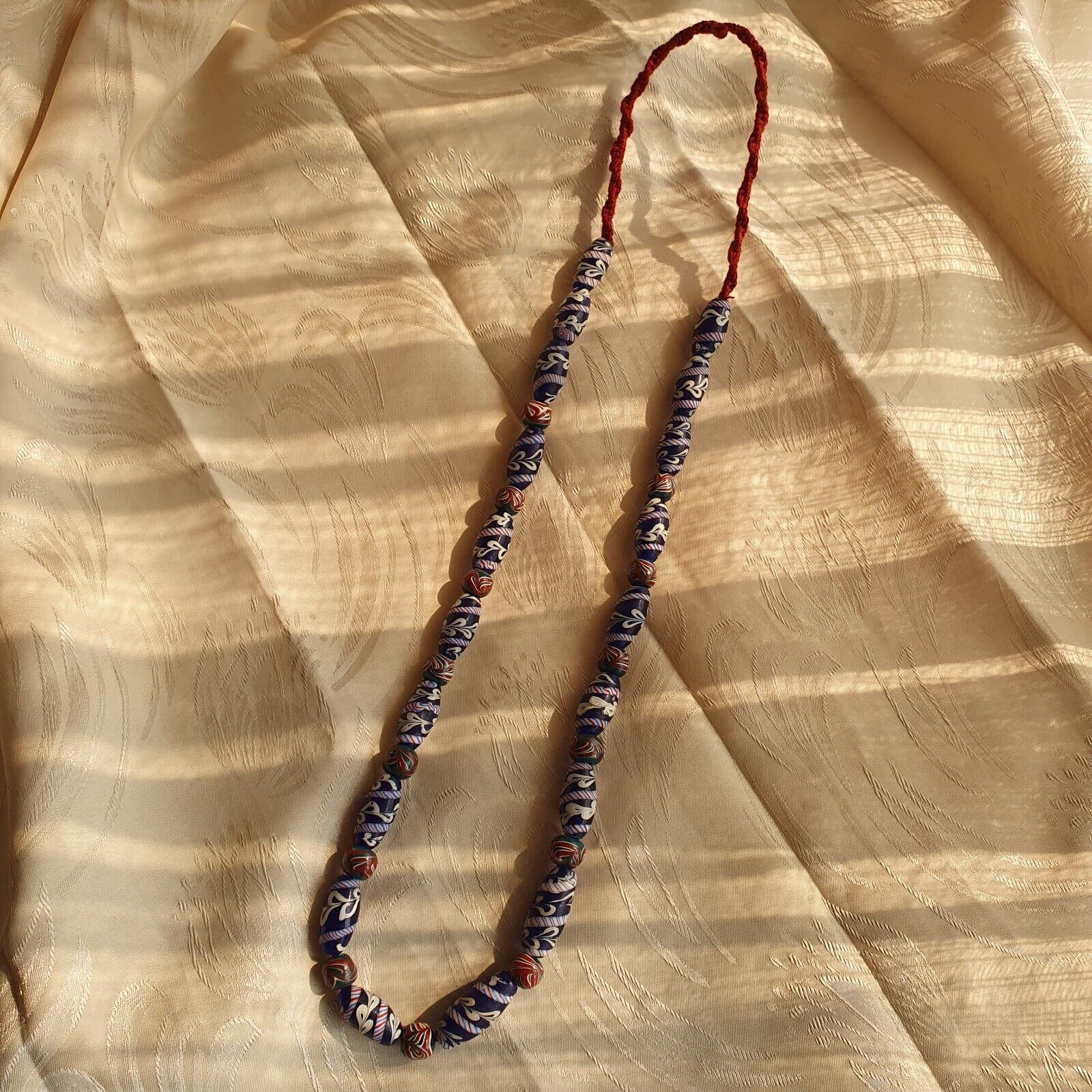 vintage Blue Fancy Feather glass beads Long Necklace