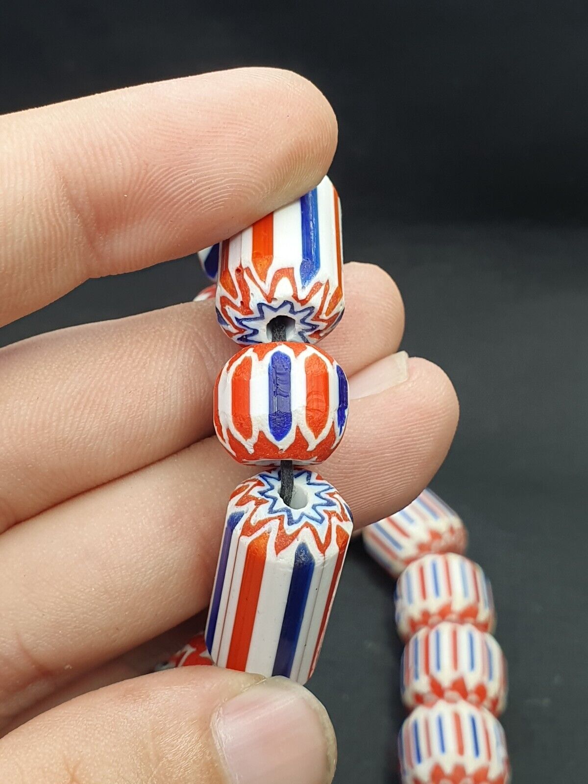 Vintage Beautiful chevron Trade Glass blue beads Necklace