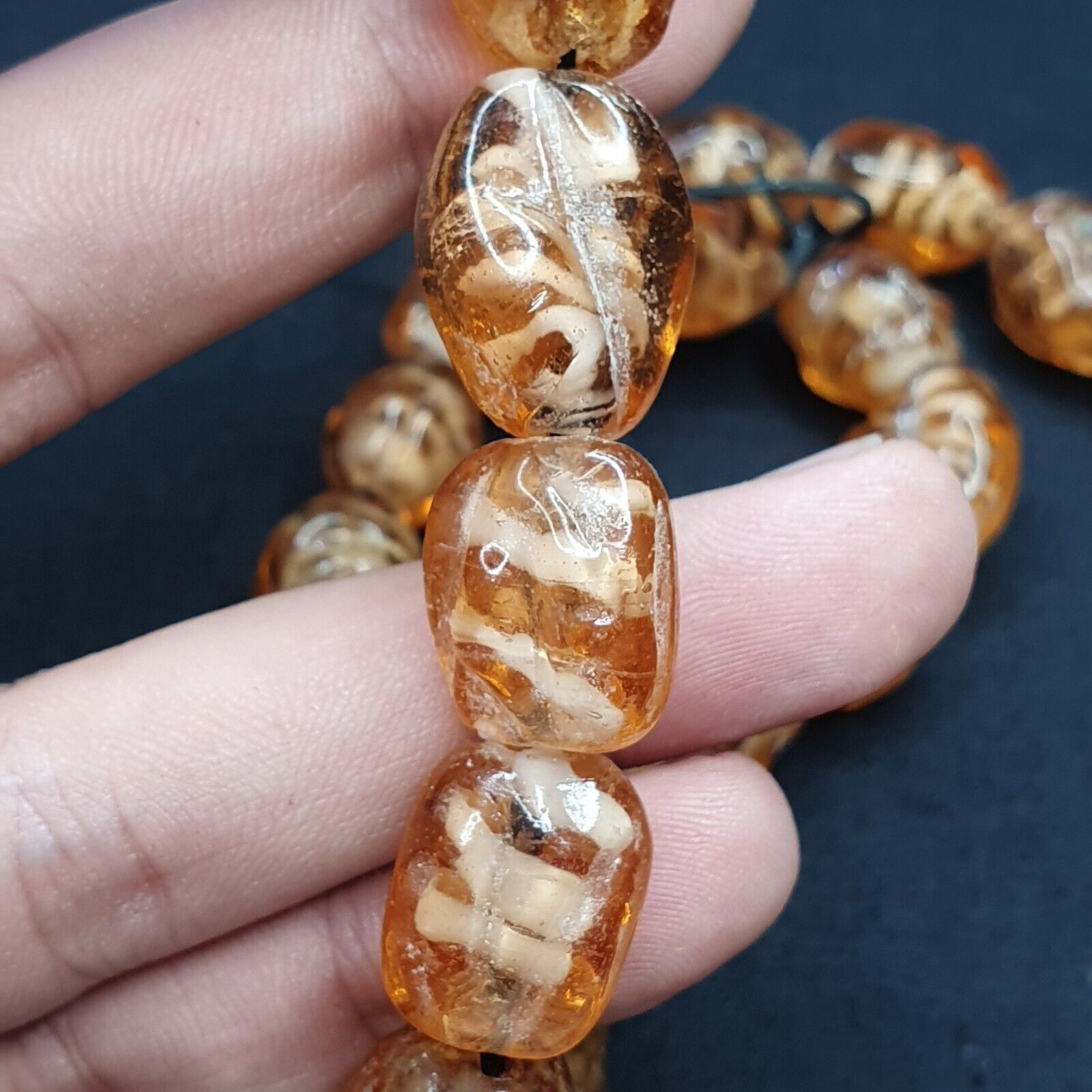 Vintage glass beads Honey Amber fancy Glass trade Beads Strand