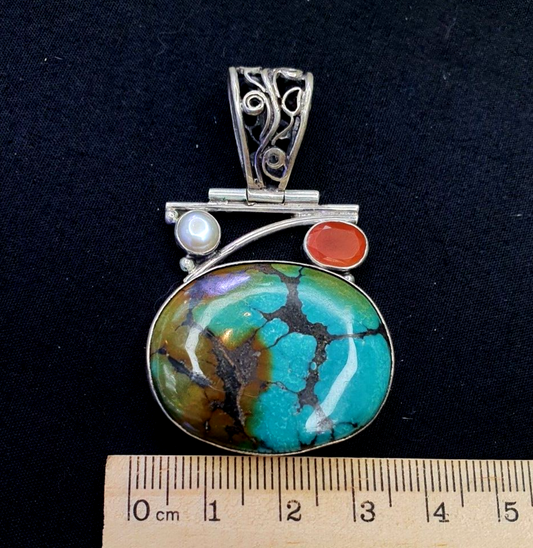Pearl Sterling Silver Blue SpiderWeb Turquoise Necklace Pendant 20.5 Grams