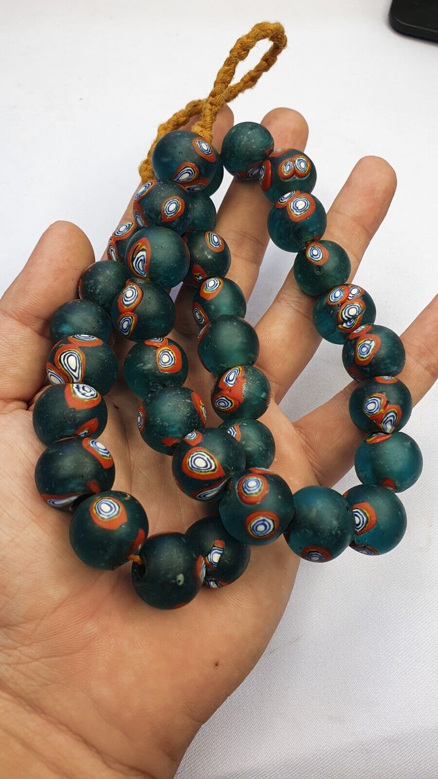 Vintage Antique Green RED Eyes African trade Glass Beads Necklace