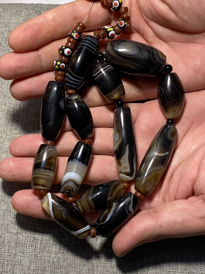Antique African Himalayan Banded Black Agate Beads Suleimani Unique Necklace
