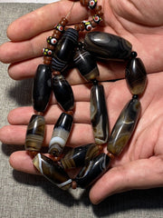 Antique African Himalayan banded Black Agate beads Suleimani unique Necklace