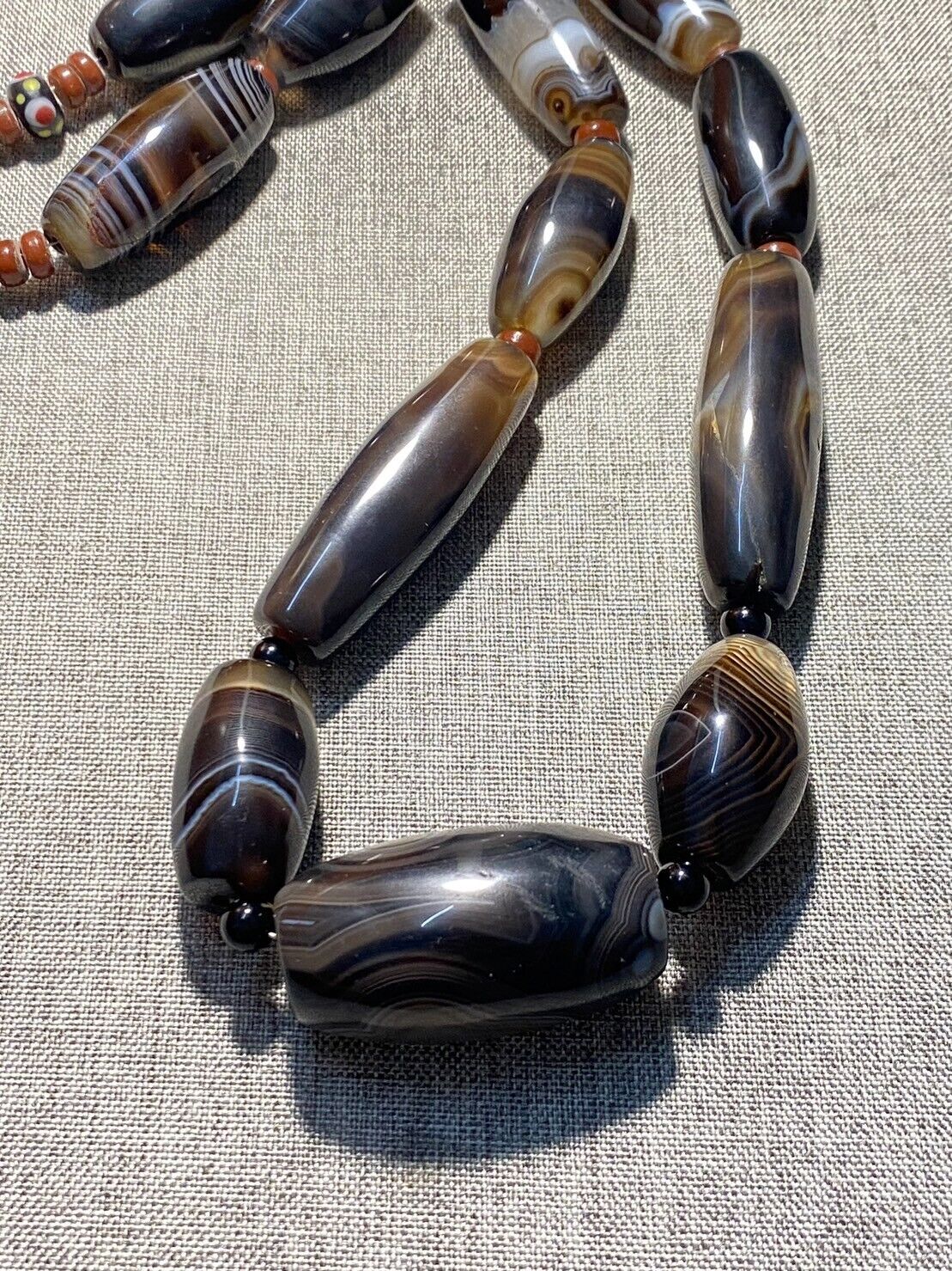 Antique African Himalayan banded Black Agate beads Suleimani unique Necklace