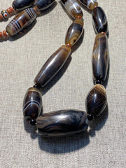 Antique African Himalayan banded Black Agate beads Suleimani unique Necklace
