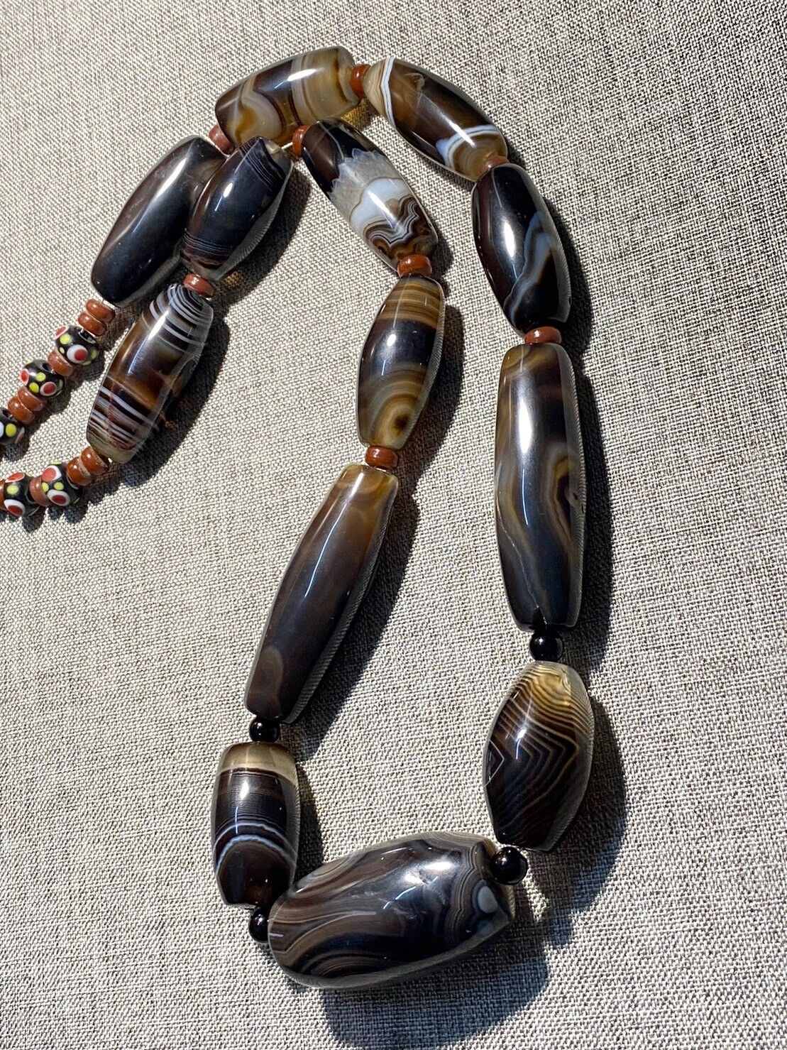 Antique African Himalayan banded Black Agate beads Suleimani unique Necklace